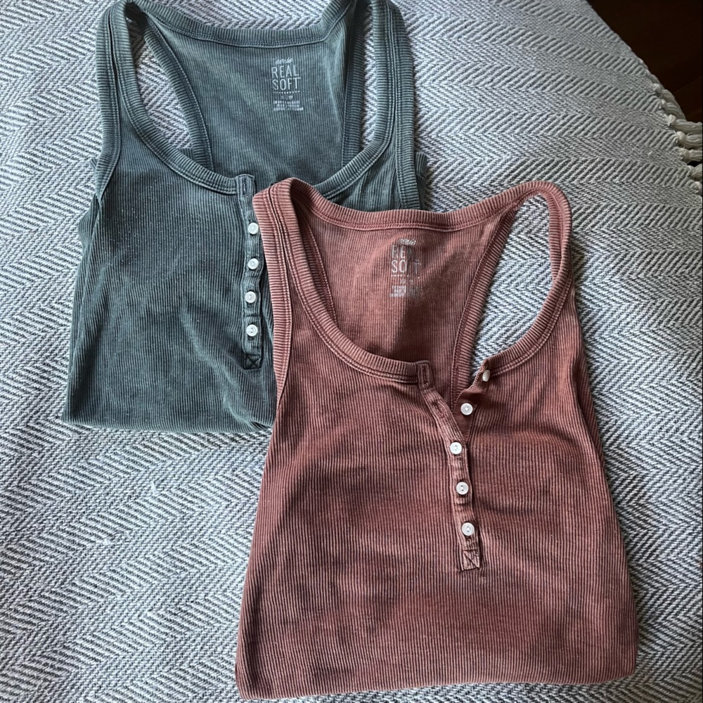 SET OF 2 Aerie “REAL SOFT” Ribbed Racerback Henley Tank Tops